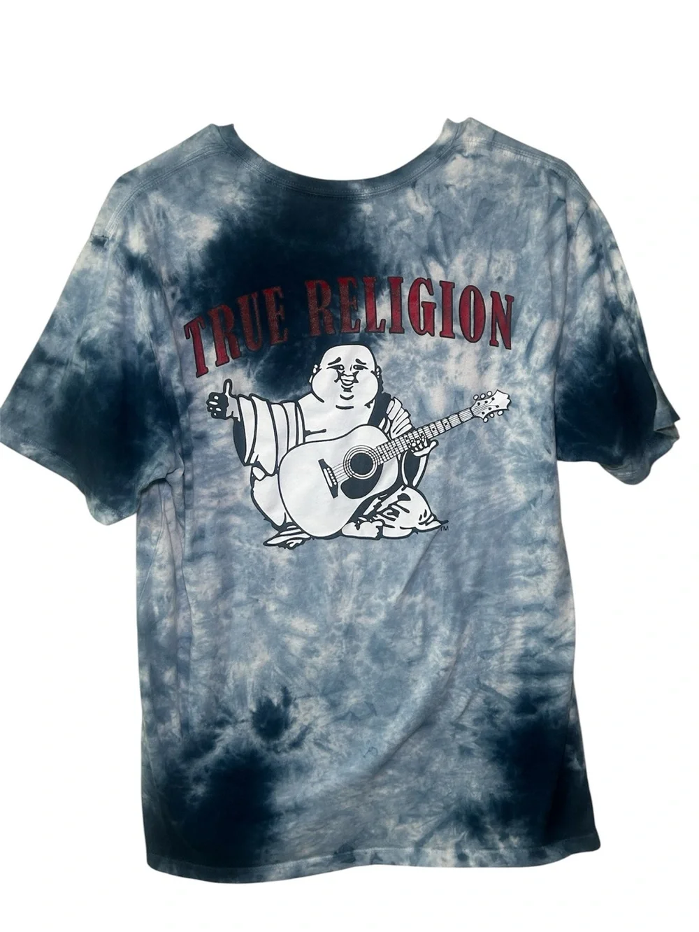 True Religion Blue and White Tie-Dye Buddha Graphic Tee Short Sleeve Urban Mediu